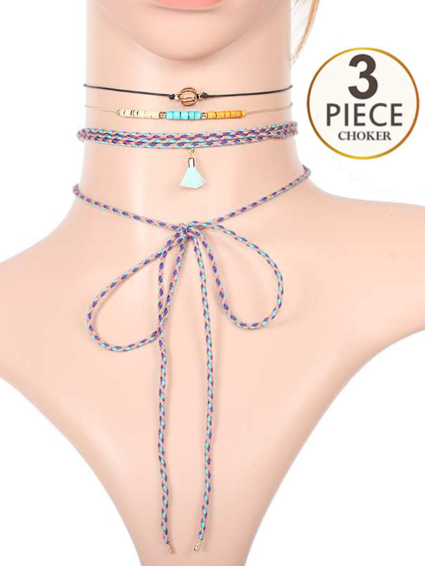 MULTI STONE AND BEADS 3 PIECE CORD CHOKER NECKLACE SET