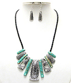 ANTIQUE LOOK ENAMEL METAL STIVK DANGLE BRADIED CORD NECKLACE AND EARRING SET