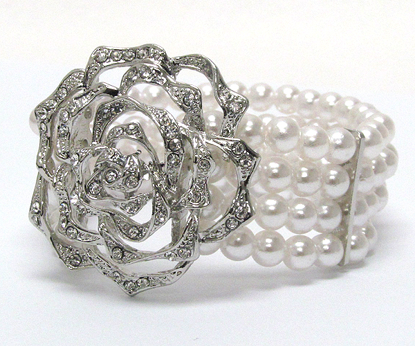CRYSTAL DECO FLOWER AND PEARL DECO BAND STRETCH BRACELET