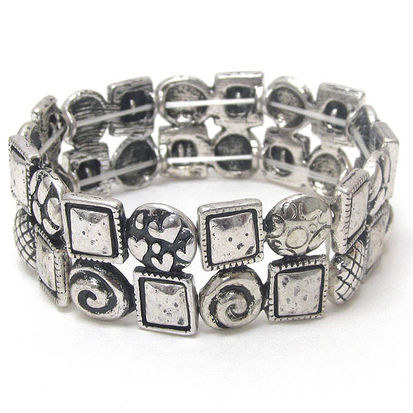MULTI SQUARE AND DISK LINK ANTIQUE STYLE STRETCH BRACELET
