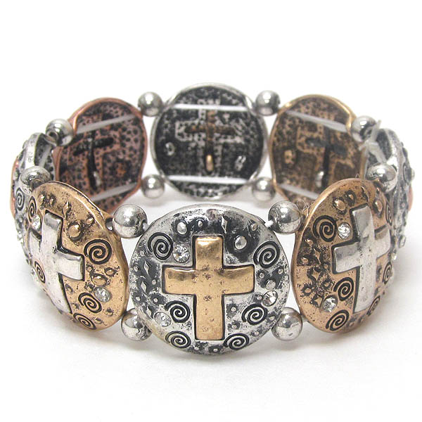 CRYSTAL AND CROSS DISK LINK CHICO STYLE STRETCH BRACELET