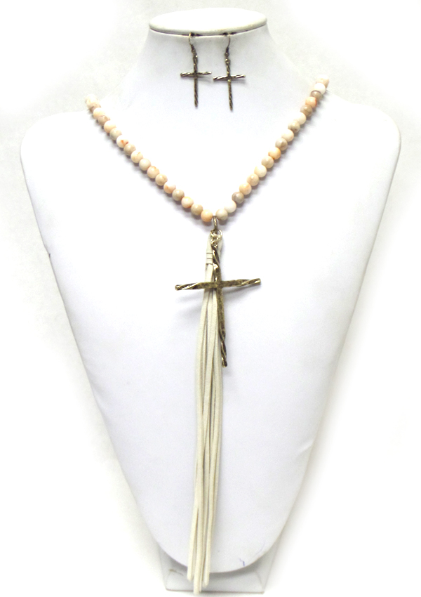 BEADS WITH SUEDE TASSEL AND CROSS DROP NECKLACE SET 