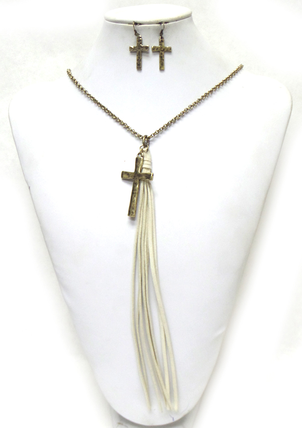 BEADS WITH SUEDE TASSEL AND CROSS DROP NECKLACE SET