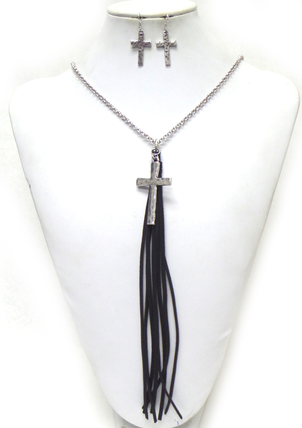 BEADS WITH SUEDE TASSEL AND CROSS DROP NECKLACE SET