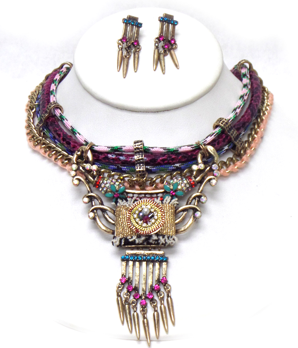 4 LAYER MULTI DESIGNS BEADS AND CRYSTAL ART DECO NECKLACE SET