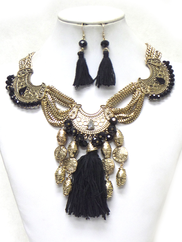 MULTI METAL BOLD BEADS DROP WITH TASSEL NECKLACE SET