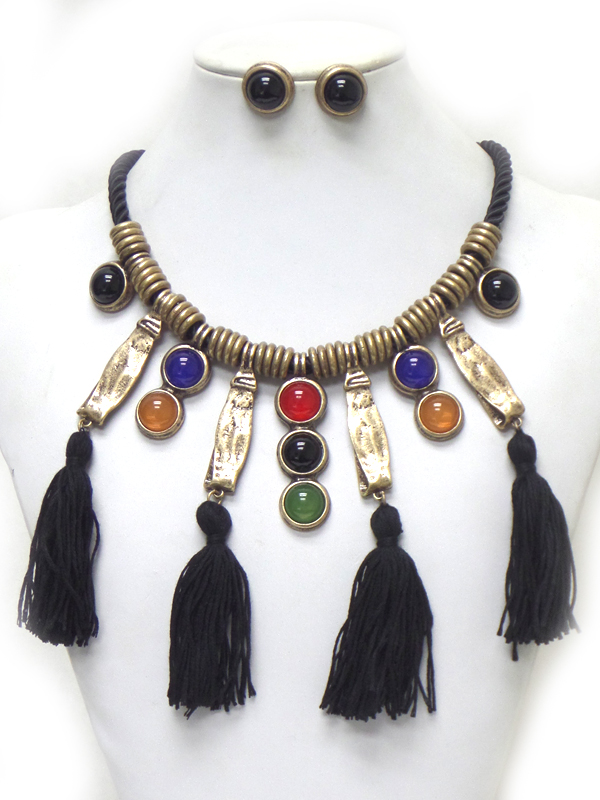 ROPE WITH STONES AND TASSEL DROP NECKLACE SET