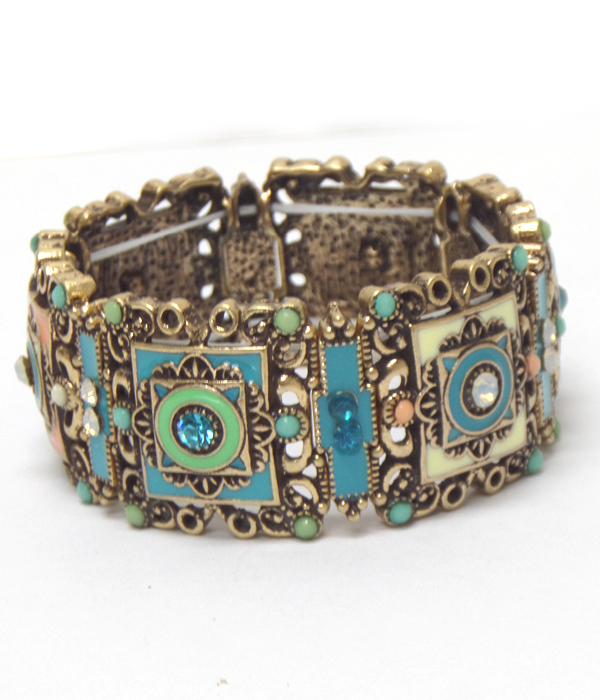 TEXTURED METAL CRYSTAL AND BEADS ART DECO STRETCH BRACELET
