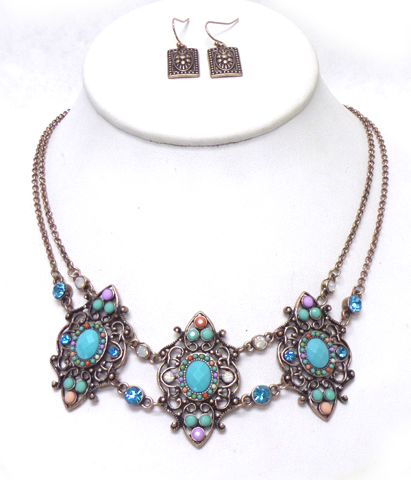 TWO LAYER CHAIN WITH BEADS ART DECO NECKLACE SET