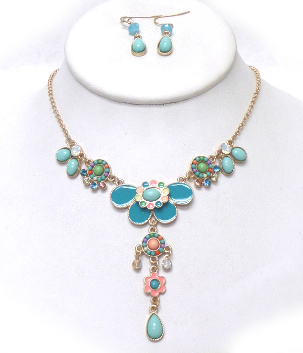 STONES AND BEADS WITH MULTI SHAPE FLOWER DROP NECKLACE SET