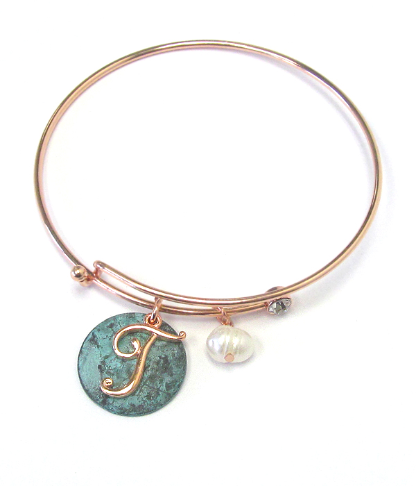 PATINA DISK AND MONOGRAM WIRE BANGLE BRACELET - T