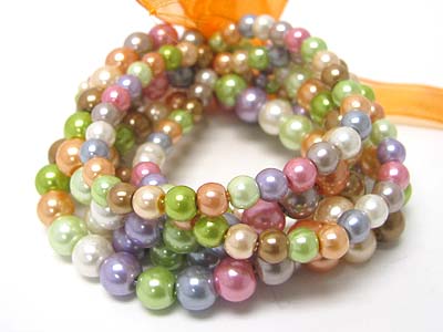 RIBBON TIED MULTI STRAND PEARL BEADS STRETCH BRACELET