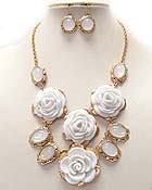 THREE ACRYL ROSE AND MULTI CONETTED ACRYL OVAL STONE DROP CHAIN NECKLACE EARRING SET