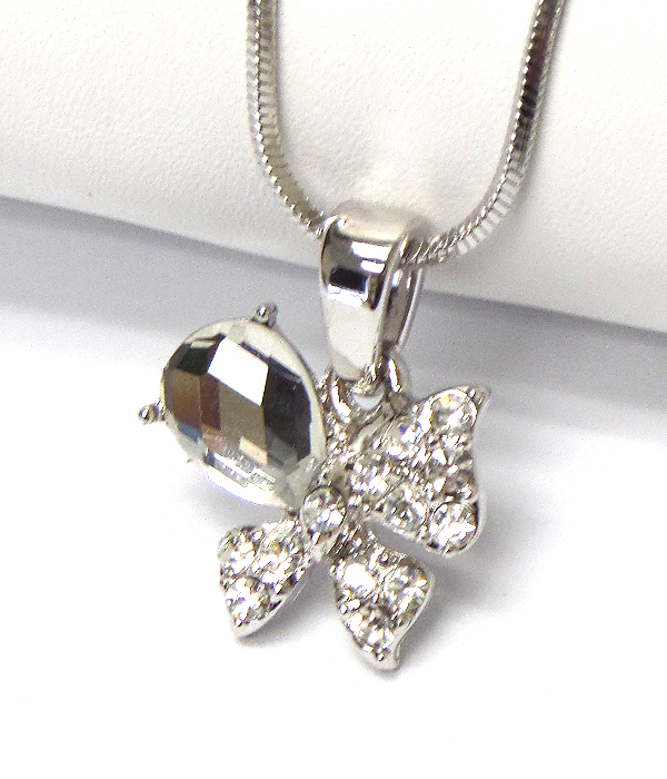 MADE IN KOREA WHITEGOLD PLATING CRYSTAL BOW PENDANT NECKLACE