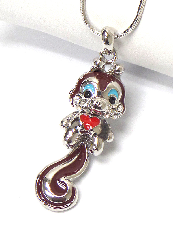 MADE IN KOREA WHITEGOLD PLATING EPOXY AND CRYSTAL DECO SQUIRREL PENDANT NECKLACE