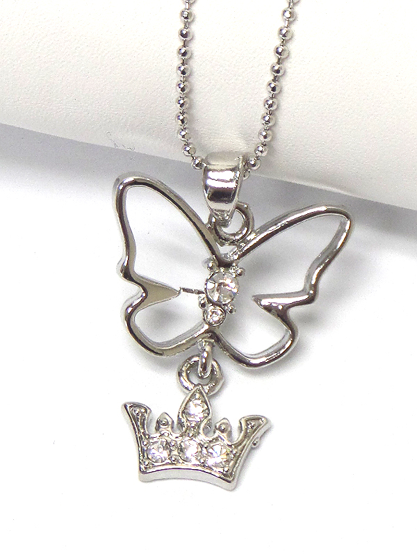 WHITEGOLD PLATING CRYSTAL STUD BUTTERFLY AND CROWN PENDANT NECKLACE