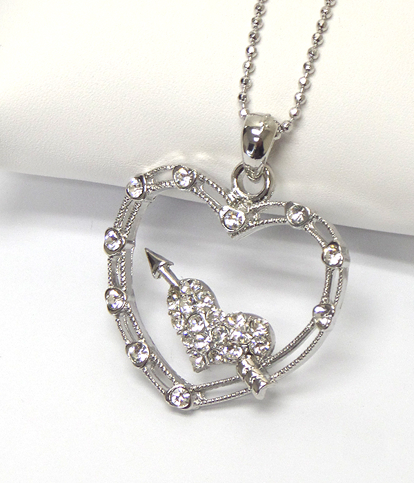 WHITEGOLD PLATING CRYSTAL STUD HEART AND HEART PENDANT NECKLACE