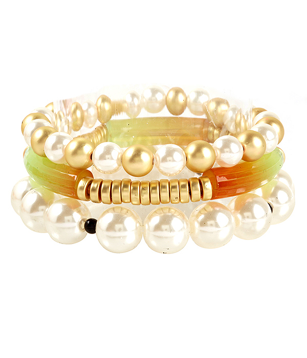 PEARL AND MIXED BEAD AND ACRYLIC TUBE  3 STRETCH BRACELET SET