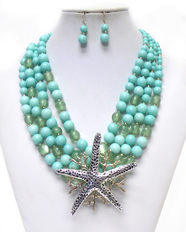 4 LAYER BEADS WITH METAL TEXTURE STARFISH NECKLACE SET