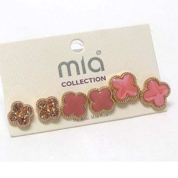 CRYSTAL AND FAUX STONE FLOWER STUD EARRING SET OF 3