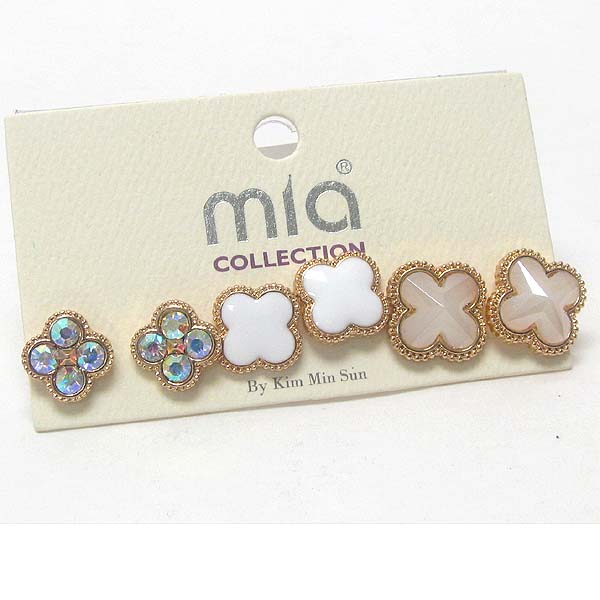 CRYSTAL AND FAUX STONE FLOWER STUD EARRING SET OF 3
