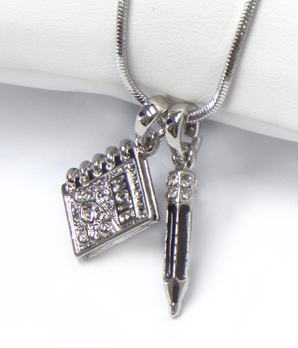 MADE IN KOREA WHITEGOLD PLATING CRYSTAL NOTEBOOK AND PENCIL PENDANT NECKLACE