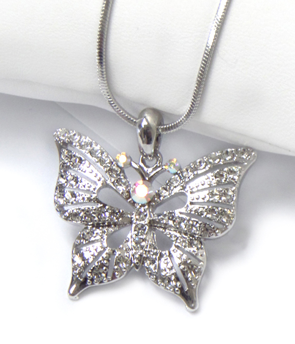 WHITEGOLD PLATING CRYSTAL AND METAL FILIGREE BUTTERFLY PENDANT NECKLACE