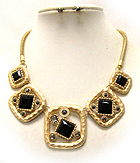 MULTI CRYSTAL AND ACRYL SQUARE STONE ON METAL HAMMERED CUT OUT  SQUARE DROP SNAKE CHAIN NECKLACE EARRING SET
