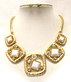MULTI CRYSTAL AND ACRYL SQUARE STONE ON METAL HAMMERED CUT OUT  SQUARE DROP SNAKE CHAIN NECKLACE EARRING SET
