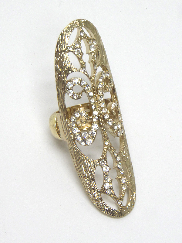 CRYSTAL STUD METAL TEXTURED LONG FINGER STRETCH RING