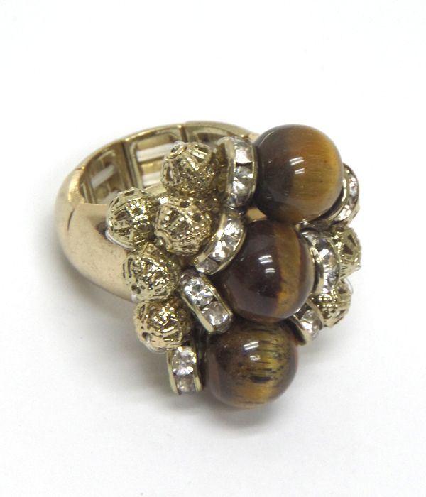 GENUINE STONES AND METAL BEADS CLUSTER DROP STRETCH RING - TIGEREYE