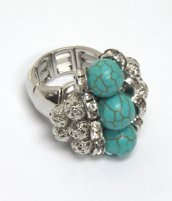 GENUINE STONES AND METAL BEADS CLUSTER DROP STRETCH RING - TURQUOISE