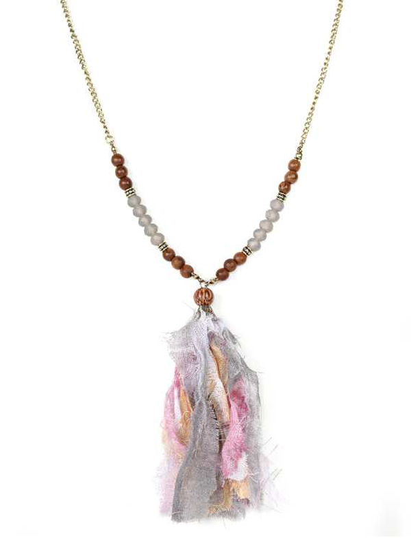 FABRIC TASSEL DROP AND BEAD LONG CHAIN NECKLACE