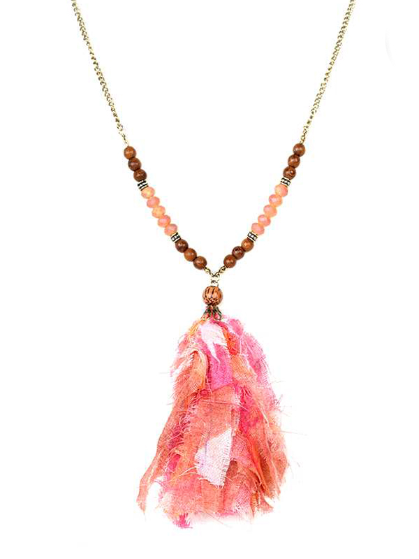 FABRIC TASSEL DROP AND BEAD LONG CHAIN NECKLACE