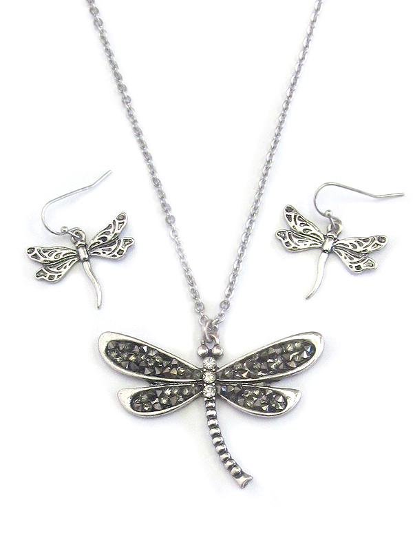 MULTI CRYSTAL MIX WING DRAGONFLY PENDANT NECKLACE SET