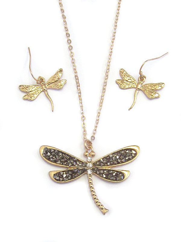 MULTI CRYSTAL MIX WING DRAGONFLY PENDANT NECKLACE SET