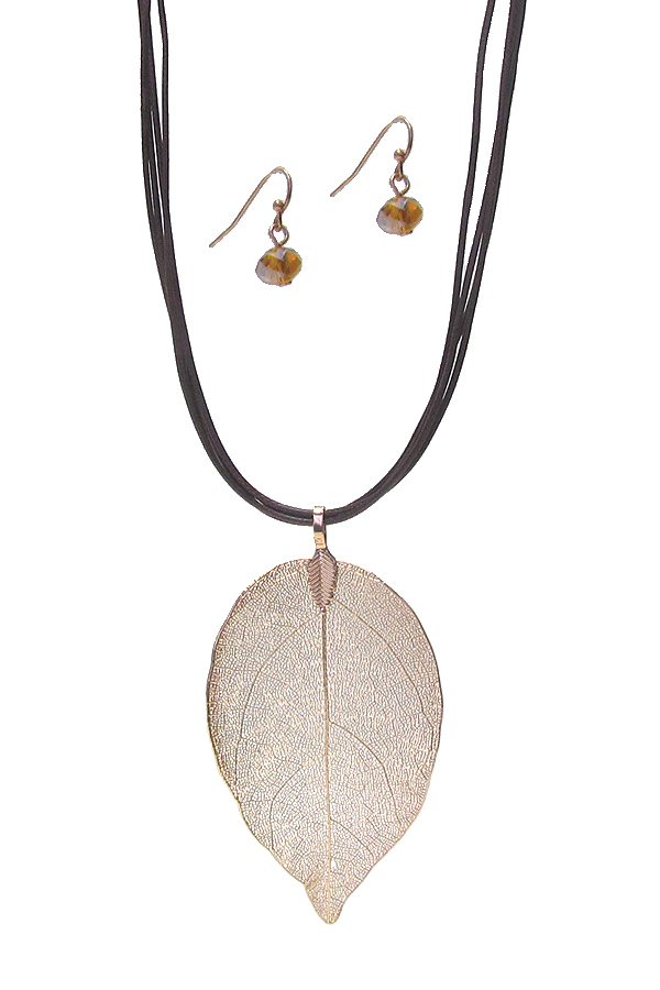 PAPER THIN METAL FILIGREE LEAF PENDANT AND MULTI CORD NECKLACE SET