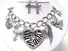 ZEBRA PATTERN  CRYSTAL HEART AND MULTI CHARM DANGLE NECKLACE EARRING SET