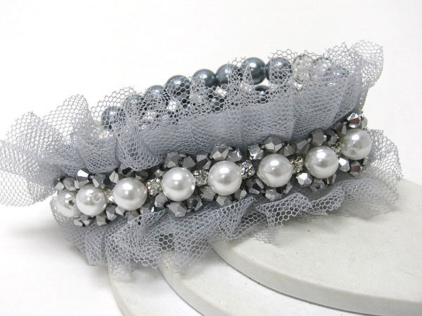 MULTI PEARL AND FABRIC DECO STRETCH BRACELET