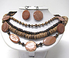 SHELL DISK AND WOODEN CHIP DECO CHAIN NECKLACE EARRING SET - Wholesale Jewelry