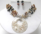 DECORATED RESIN DISK AND CHIP STONE MULTI CHAIN NECKLACE EARRING SET - Wholesale Jewelry