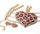 CRYSTAL AND EPOXY METAL HEART PENDANT LONG NECKLACE EARRING SET