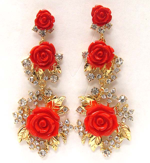 THREE ACRYL CONETTED ROSE AND CRYSTAL DROP EARRING