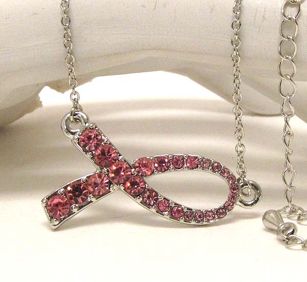 CRYSTAL DECO SIDE PINK RIBBON NECKLACE - BREAST CANCER AWARENESS