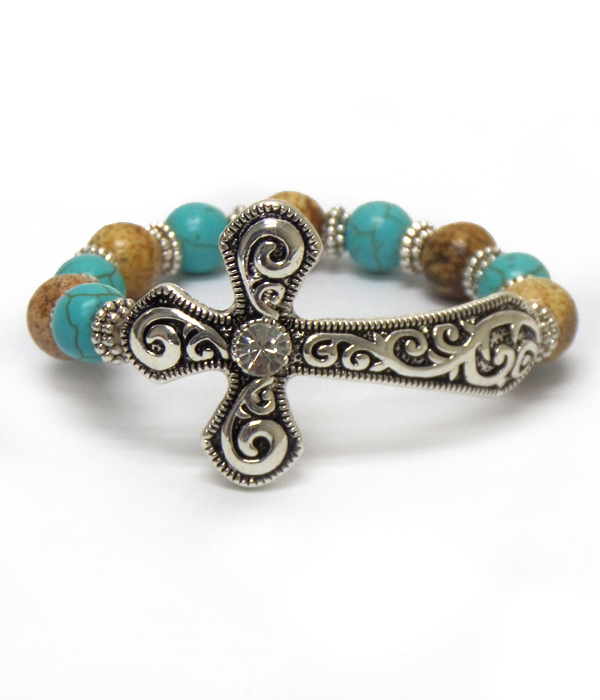 TURQUOISE AND BROWN STONE METAL CROSS BRACELET