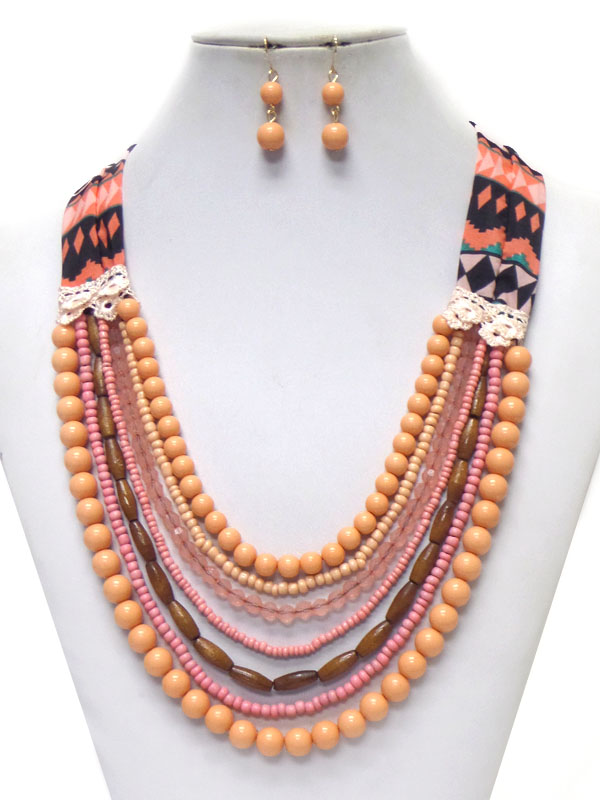MULTI LAYER BEADS WITH NAVAJO FABRIC NECKLACE SET -western