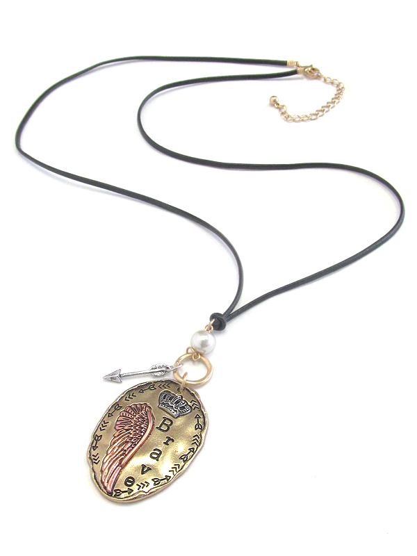 INSPIRATION PENDANT AND LEATHERETTE CORD NECKLACE - BRAVE