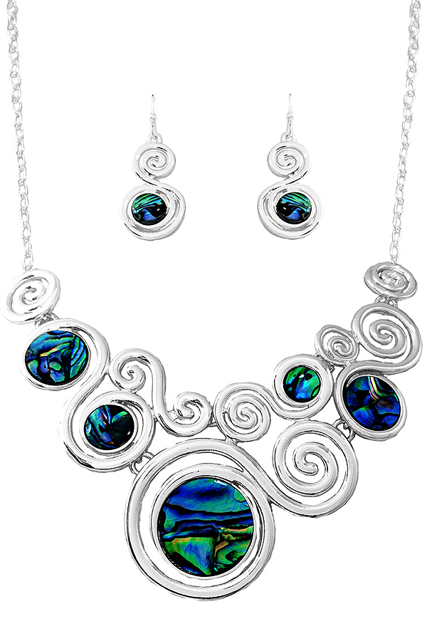 METAL SWIRL AND ABALONE DISC MIX STATEMENT NECKLACE SET