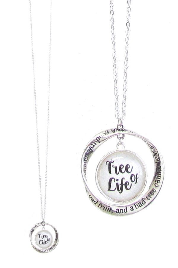 RELIGIOUS INSPIRATION CABOCHON AND TWIST RING PENDANT LONG NECKLACE - TREE OF LIFE