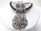 CRYSTAL STUD TUBE AND CRYSTAL DECO FLOWER PENDANT CORD NECKLACE SET - Wholesale Jewelry